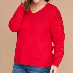 Lane Bryant V-Neck Red Crotchet Lace Sleeve Detail Soft Sweater
